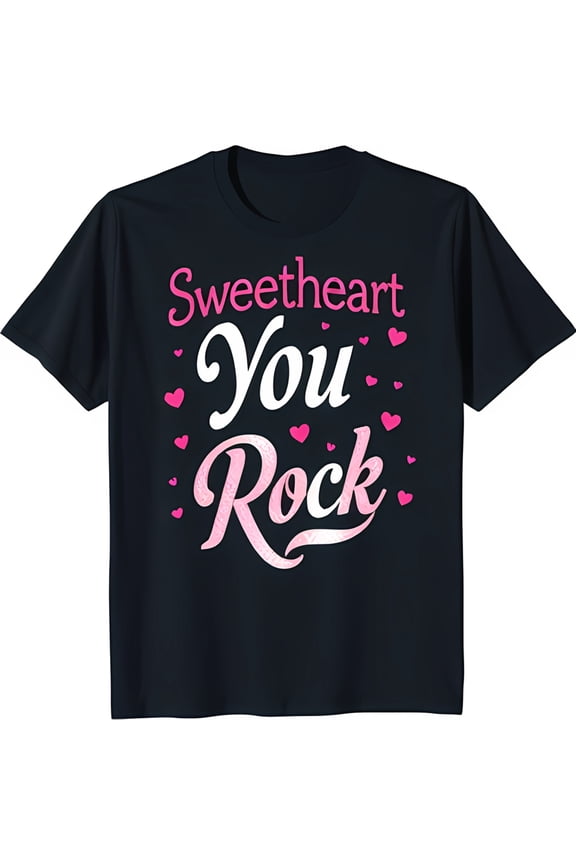 Stylish Black T-Shirt with Bold Pink 'Sweetheart You Rock' Graphic & Hearts