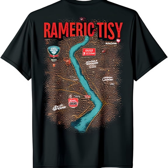 Stylish Black T-Shirt with Bold Rameric Tisy Design and Pixelated Map