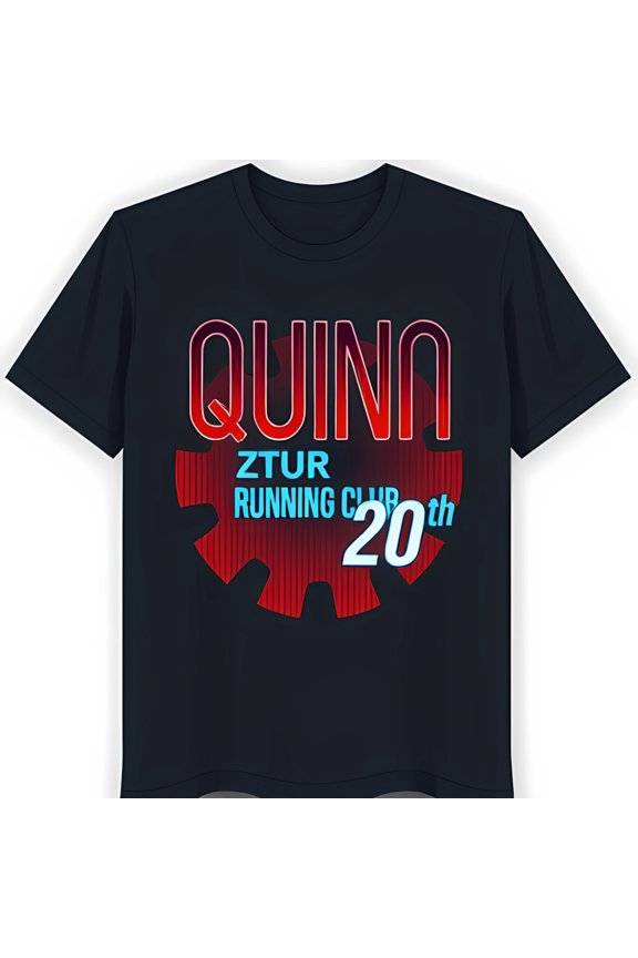 Stylish Black T-Shirt with Bold Red & Blue Gear Graphic 'QUINA ZTUR RUNNING CLUB 20th'