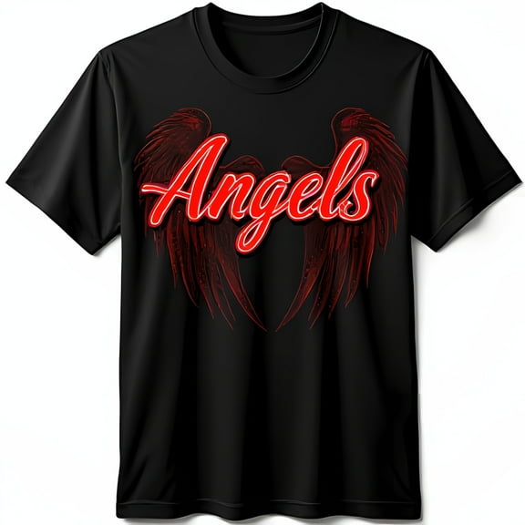 Stylish Black T-Shirt with Bold Red Graphic & Angels Text