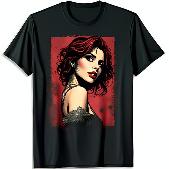 Stylish Black T-Shirt with Bold Red Haired Woman Graphic Eye Catching Design