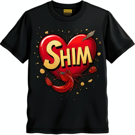 Stylish Black T-Shirt with Bold Red Heart & Gold 'SHIM' Graphic Design