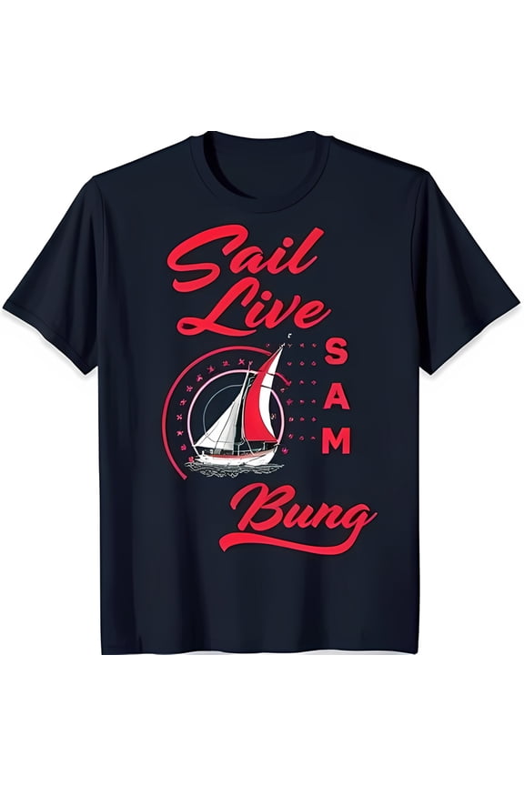 Stylish Black T-Shirt with Bold Red Sailboat Graphic 'Sail Live Bung'