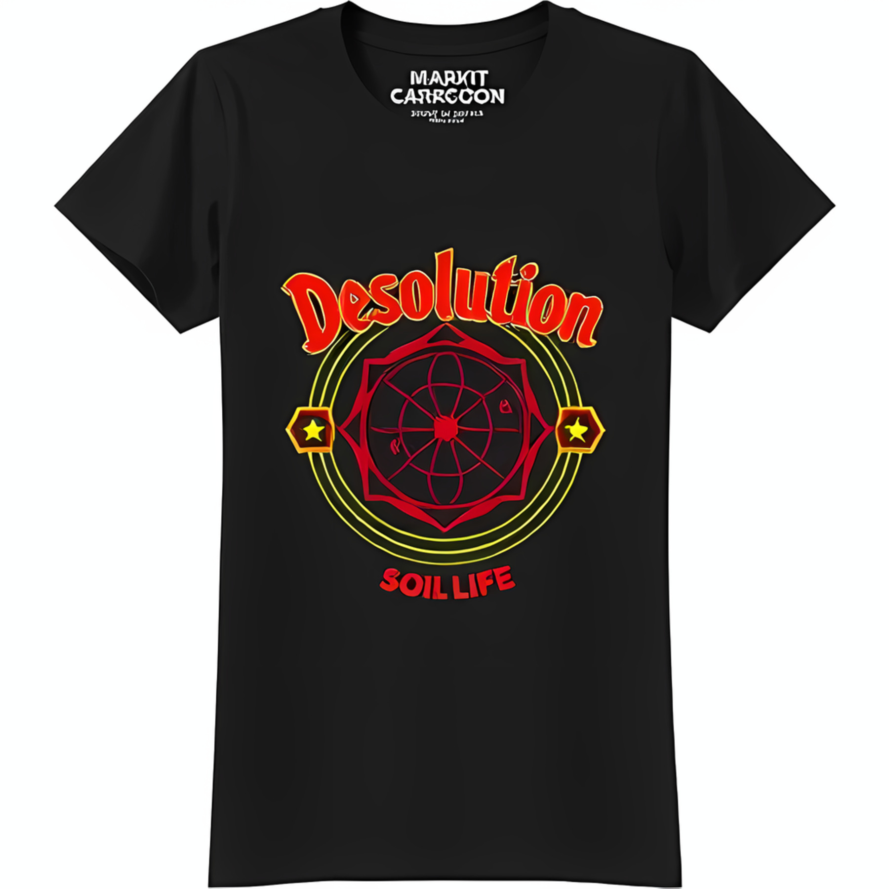 Stylish Black TShirt with Bold Red & Yellow Graphic Design 'Desolution