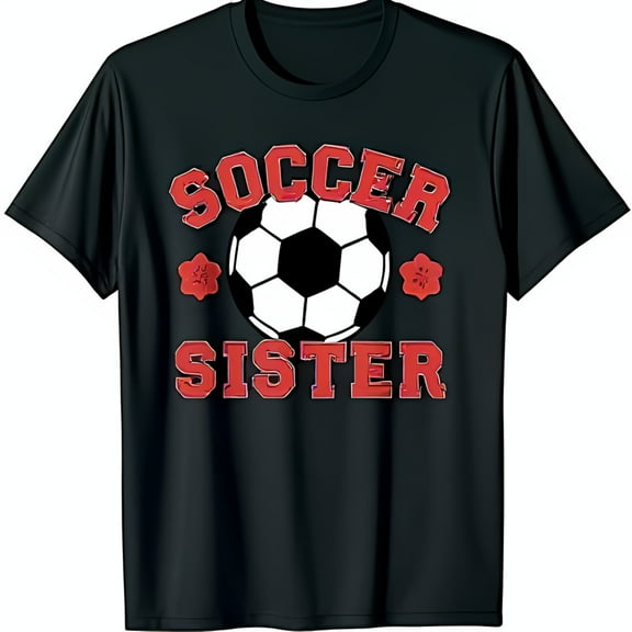 Stylish Black T-Shirt with Bold 'SOCCER SISTER' Graphic & Whimsical Floral Design