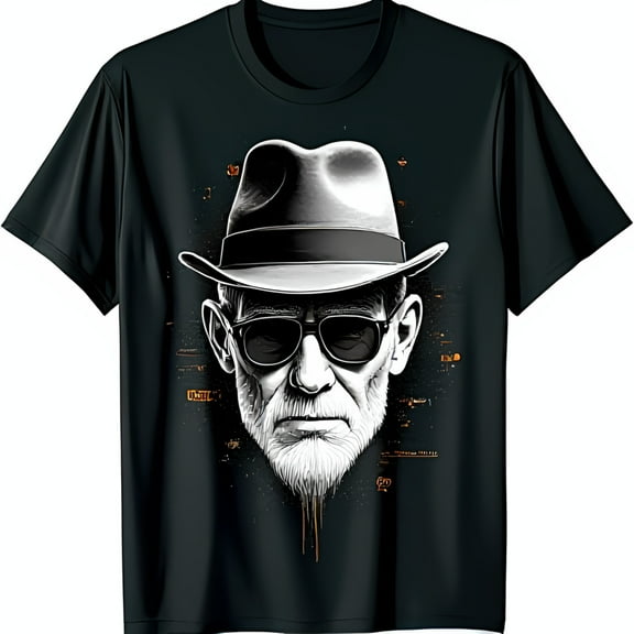 Stylish Black T-Shirt with Bold White Graphic of Serious Man in & Sunglasses