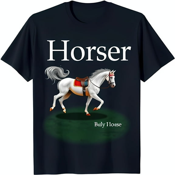 Stylish Black T-Shirt with Bold White Horse Graphic & 'Horser House' Text