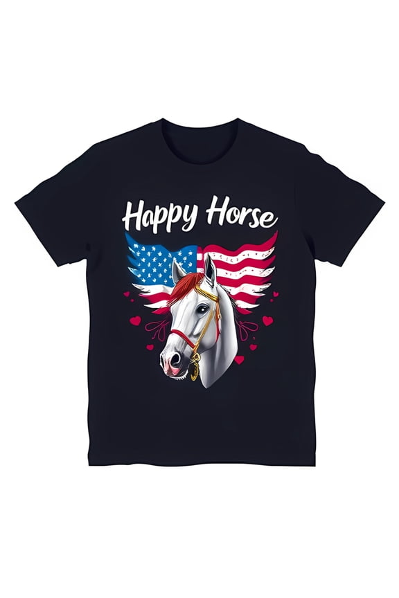 Stylish Black T-Shirt with Bold White Horse Head Graphic & US Wings