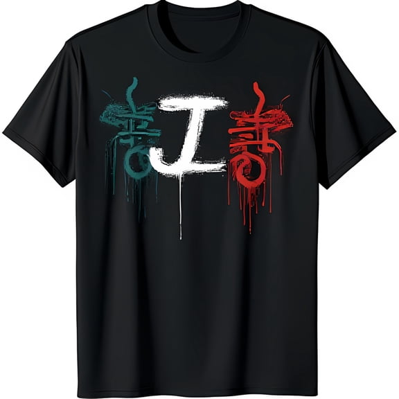 Stylish Black T-Shirt with Bold White J Graphic and Vibrant Red & Blue Graffiti Characters