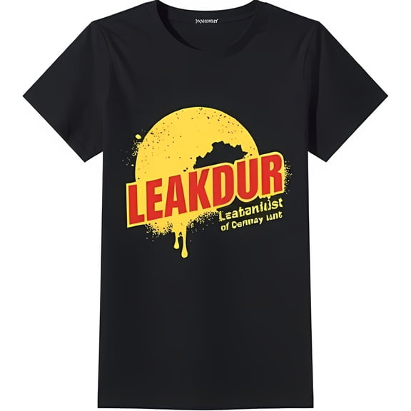 Stylish Black T-Shirt with Bold Yellow Circle Graphic & 'LEAKDUR' Text