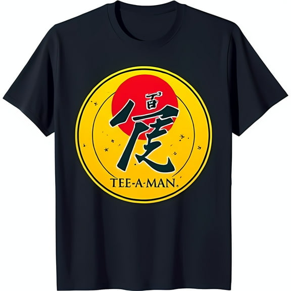 Stylish Black T-Shirt with Bold Yellow Circle Graphic & Red Sun Design TEE A MAN