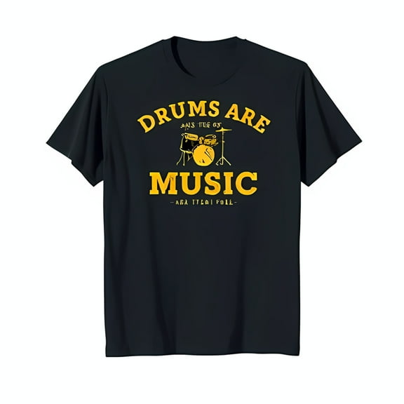 Stylish Black T-Shirt with Bold Yellow Drum Set Graphic 'Drums are the Best Music'