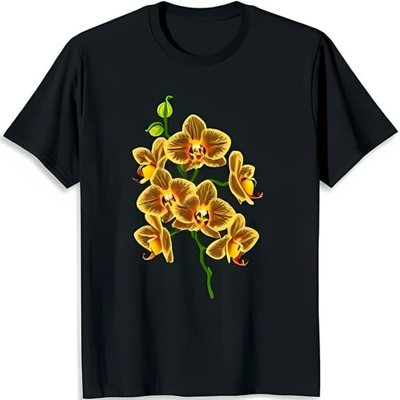 Stylish Black T-Shirt with Bold Yellow Orchid Design Modern Floral Art