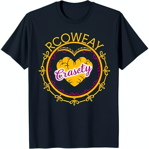 Stylish Black T-Shirt with Bold Yellow 'RCOWEA' Heart Graphic & Gold Chain Design