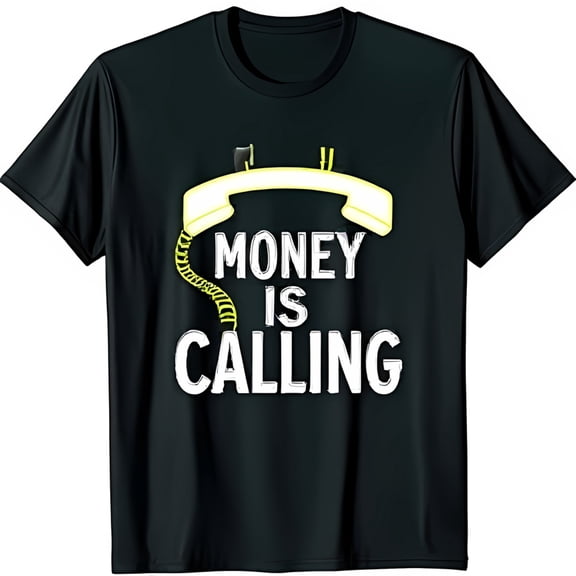 Stylish Black T-Shirt with Bold Yellow Telephone Graphic Money Is Calling