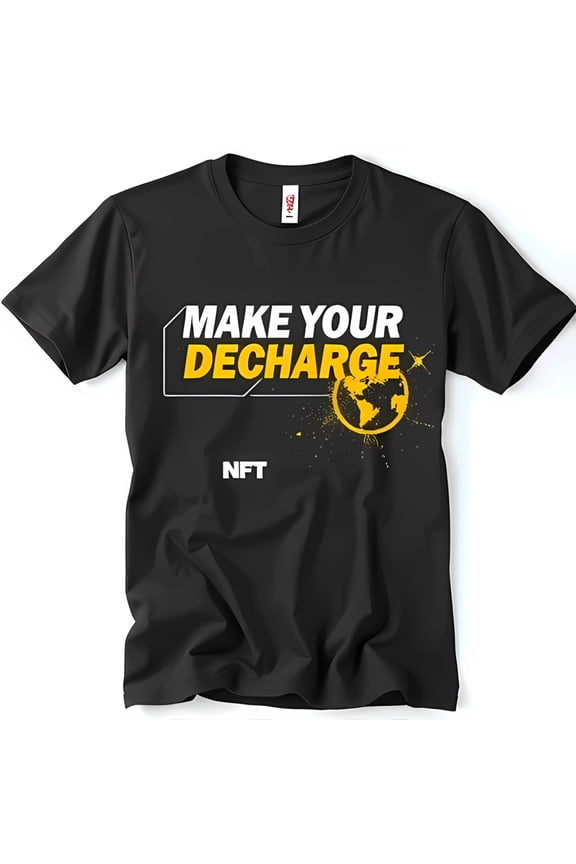 Stylish Black T-Shirt with Bold ' Your Decharge NFT' Graphic & Globe