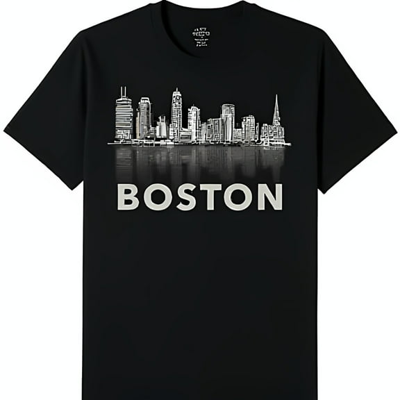Stylish Black T-Shirt with Boston Outline Graphic & Bold 'BOSTON' Print