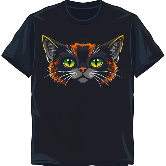 Stylish Black T-Shirt with Cat Face Graphic Green Eyes & Black
