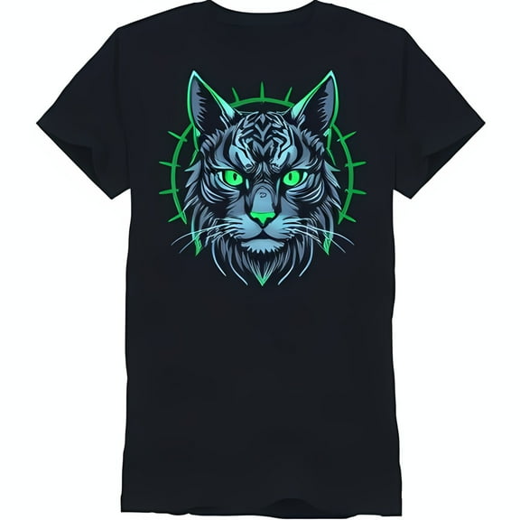 Stylish Black T-Shirt with Cat Face Graphic & Thorn Circle Design Short Sleeve