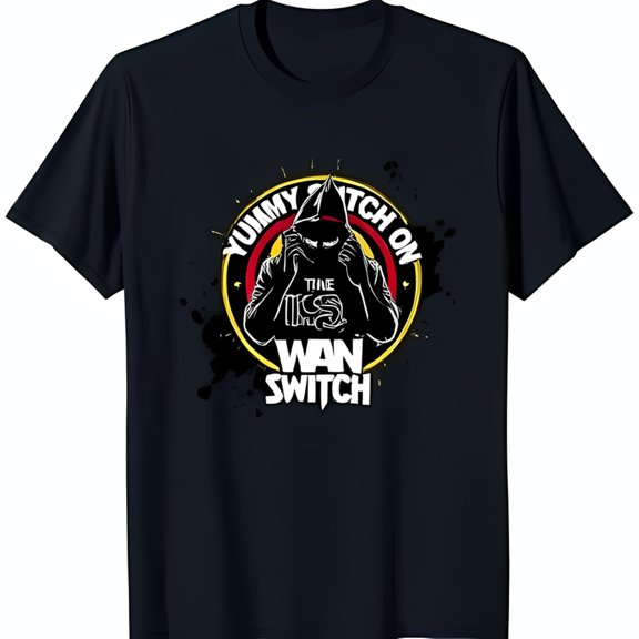 Stylish Black T-Shirt with Circular Graphic: 'Yummy On' & 'Wan ' Design