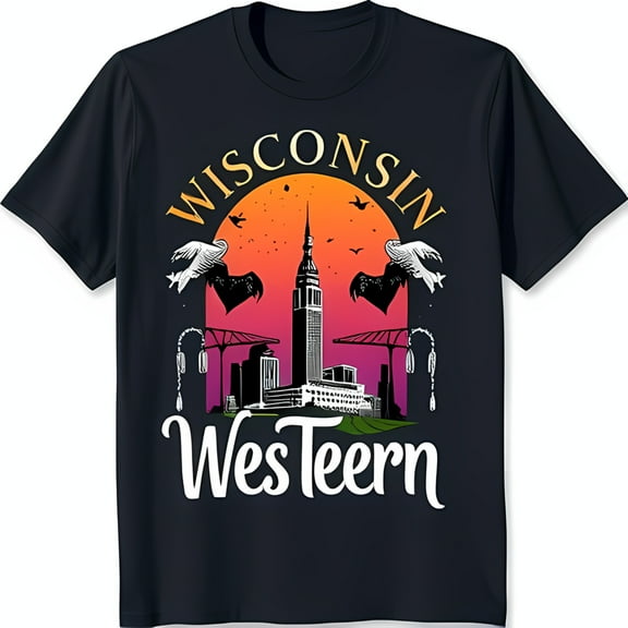 Stylish Black T-Shirt with City Graphic & 'Wisconsin WesTeern' Script