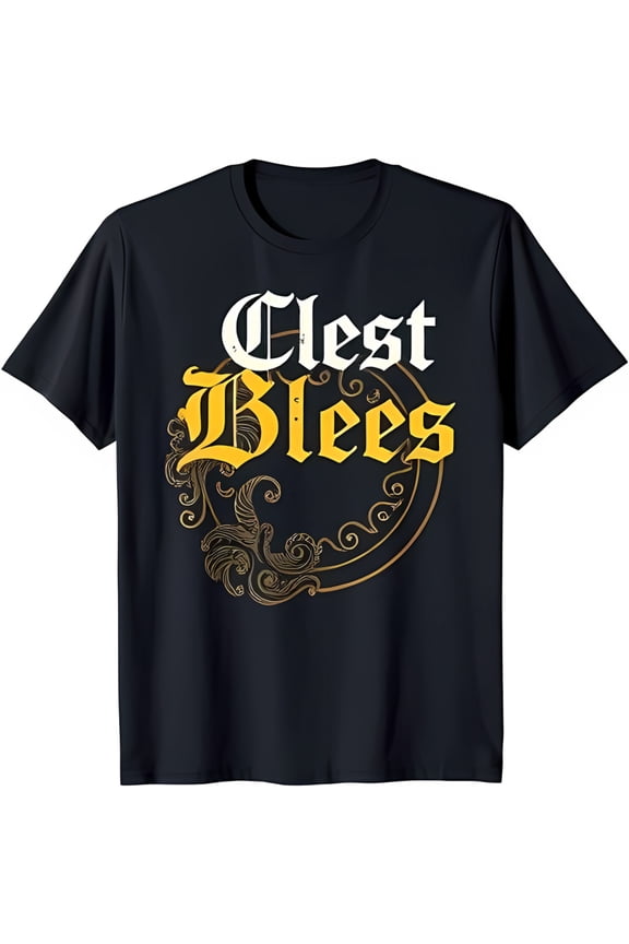 Stylish Black T-Shirt with 'Cles Blees' Design in White & Yellow Eye Catching Graphic Tee