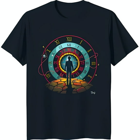 Stylish Black T-Shirt with Clock Face Graphic & Stone Design