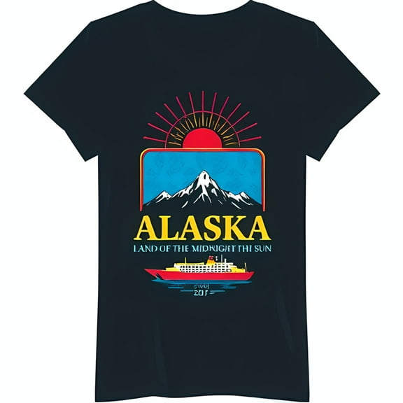 Stylish Black T-Shirt with Colorful Alaska Mountain Graphic & Cruise Ship