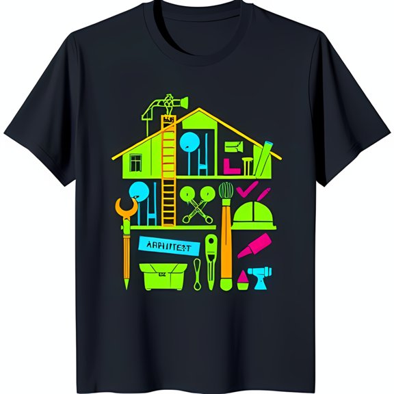 Stylish Black T-Shirt with Colorful Architect House Graphic Design
