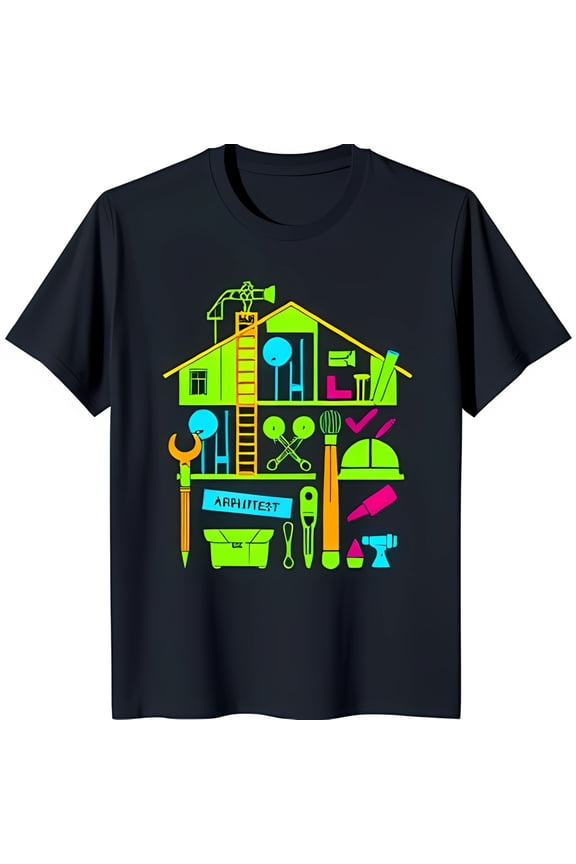 Stylish Black T-Shirt with Colorful Architect House Graphic Design