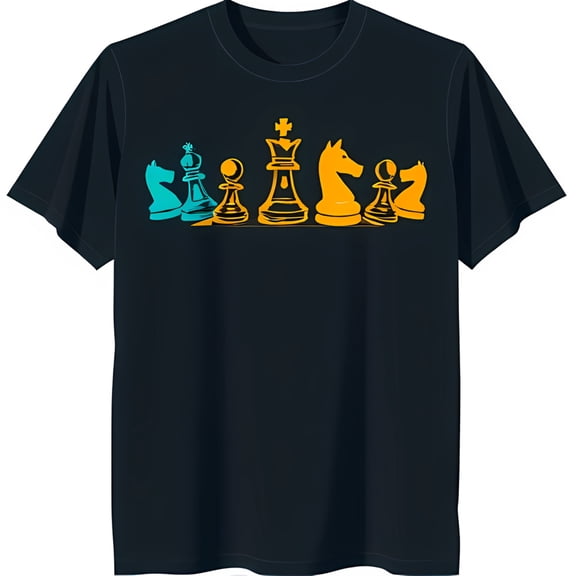 Stylish Black T-Shirt with Colorful Chess Pieces Graphic Unique Design