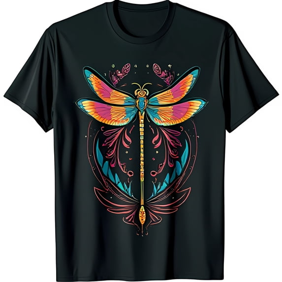 Stylish Black T-Shirt with Colorful Dragonfly Illustration and Floral Design