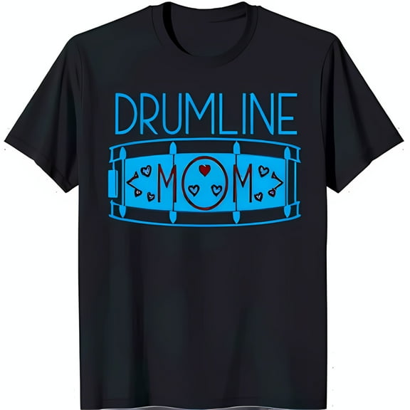 Stylish Black T-Shirt with Colorful Drum Graphic DRUMLINE MOM Design with Hearts