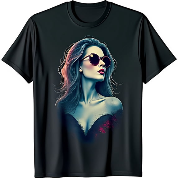 Stylish Black T-Shirt with Colorful Graphic of Sunglasses Wearing Woman