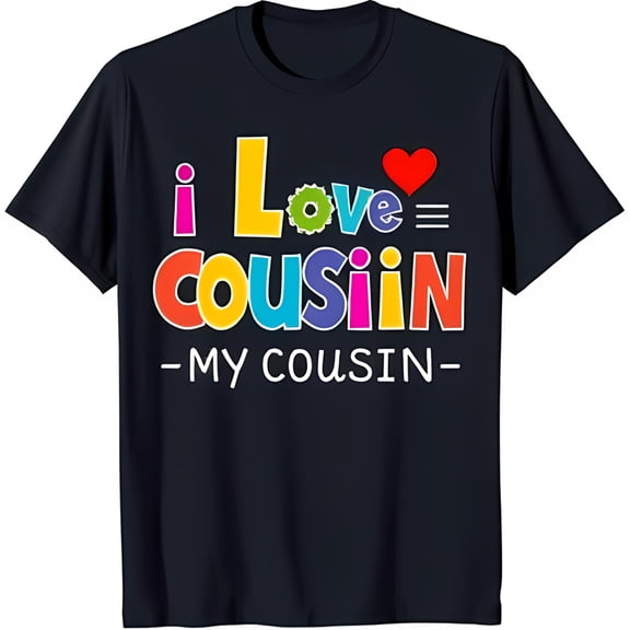 Stylish Black T-Shirt with Colorful Heart Graphic: 'I Love = Cousin My Cousin ' Design