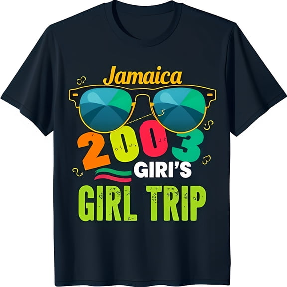 Stylish Black T-Shirt with Colorful Jamaica 2003 Girl s Trip Graphic & Sunglasses Design