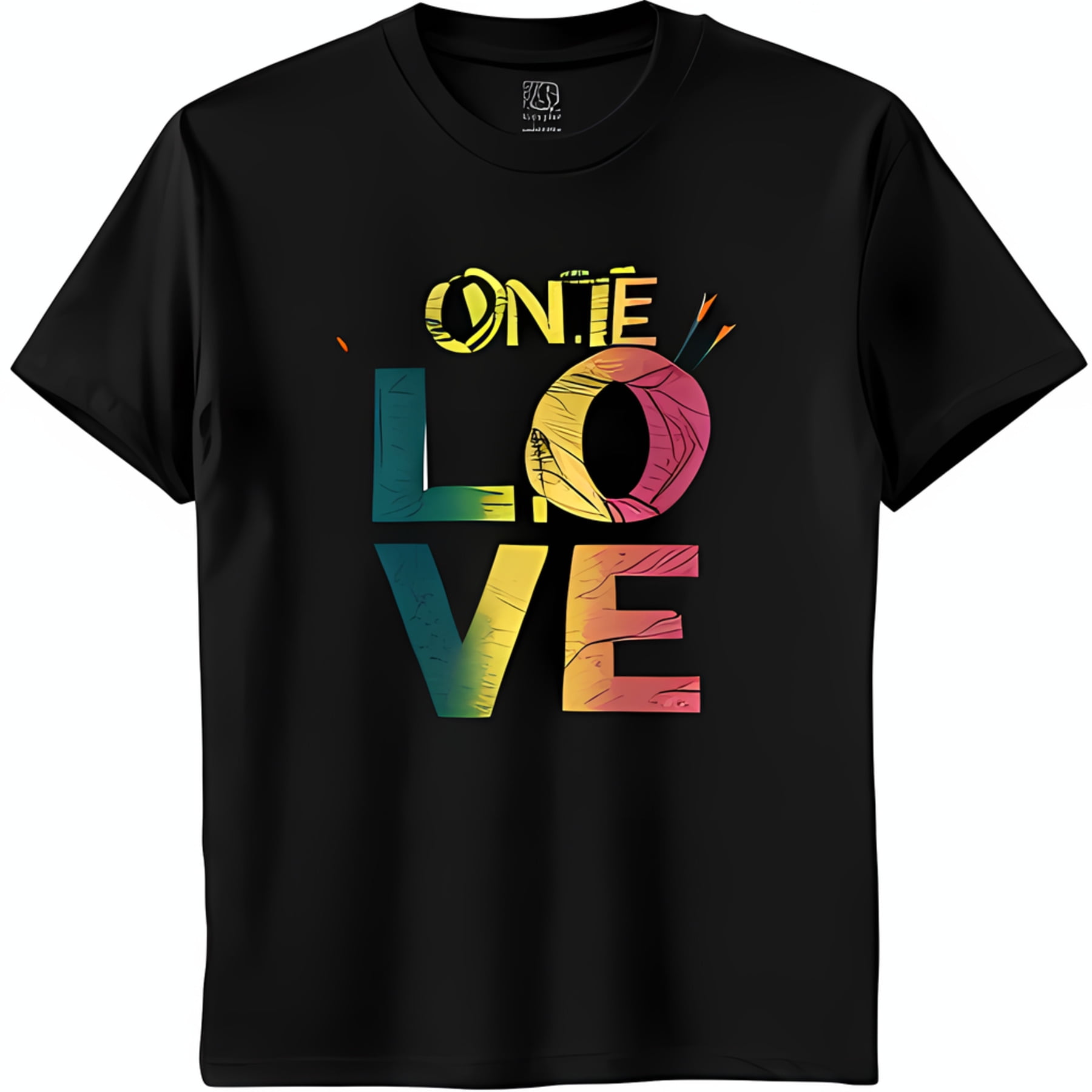 Stylish Black T-Shirt with Colorful LOVE Graphic & Textured ONTÉ Print