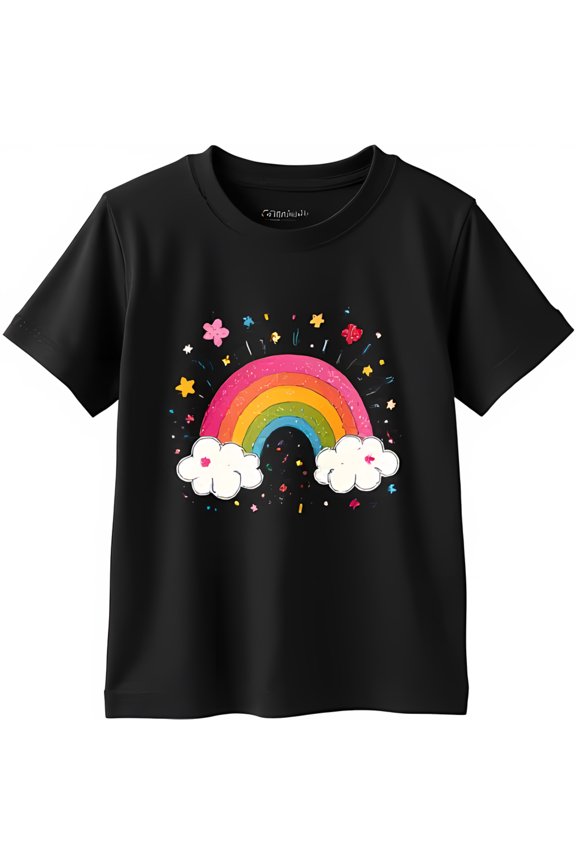 Stylish Black T-Shirt with Colorful Rainbow Graphic and Cloud Design