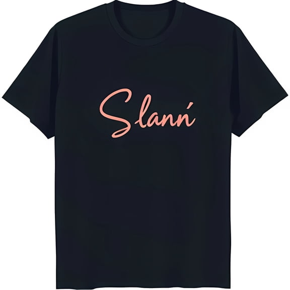 Stylish Black T-Shirt with Cursive Pink 'Slán' Design Classic Neck