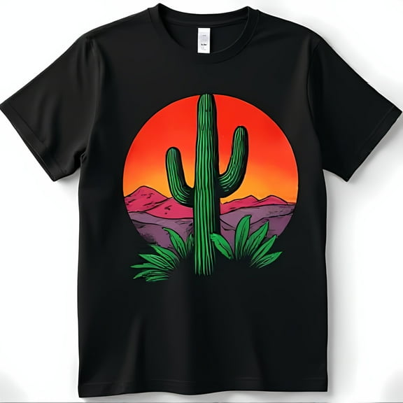 Stylish Black T-Shirt with Desert Cactus Sunset Graphic Nature Inspired Design