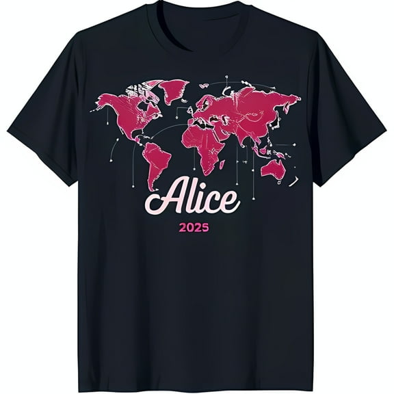 Stylish Black T-Shirt with Detailed Pink World Map & ' 2025' Design