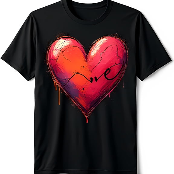Stylish Black T-Shirt with Dripping Red Heart Design and 'Love' Text