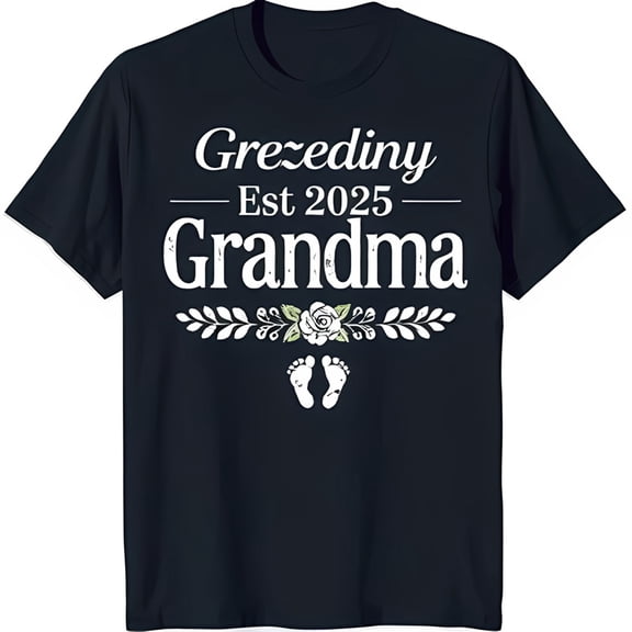 Stylish Black T-Shirt with Elegant Cursive 'Grezediny Est 2025 Grandma' Graphic & Floral Design