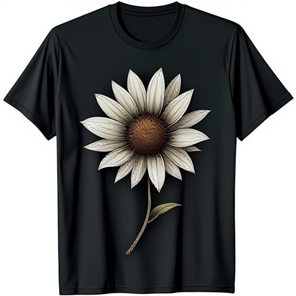 Stylish Black T-Shirt with Elegant White Daisy Chest Graphic for Casual Wear