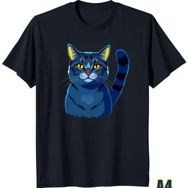Stylish Black TShirt with Eye Catching Blue Cat Graphic and Yellow