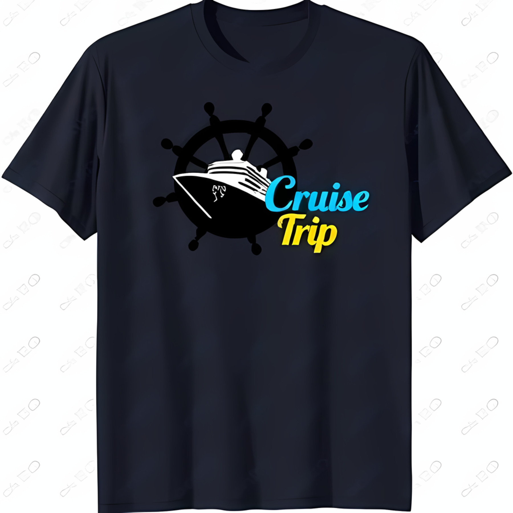 Stylish Black TShirt with Eye Catching Cruise Ship and Ship's Wheel
