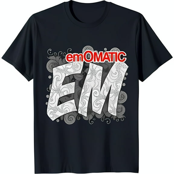 Stylish Black T-Shirt with Eye Catching EM Graphic Design and Red emOMATIC Text