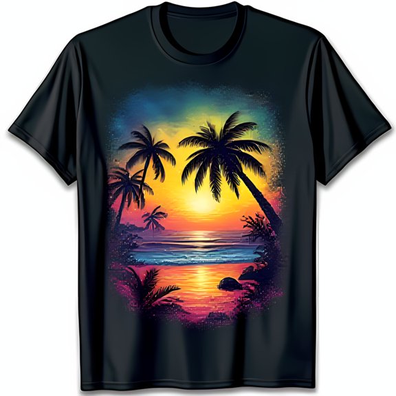 Stylish Black T-Shirt with Eye Catching Tropical Chest Graphic for Beach Days