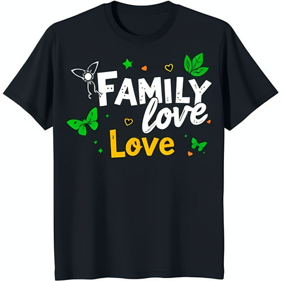 Stylish Black T-Shirt with 'Family Love Love' Graphic & Colorful Butterflies