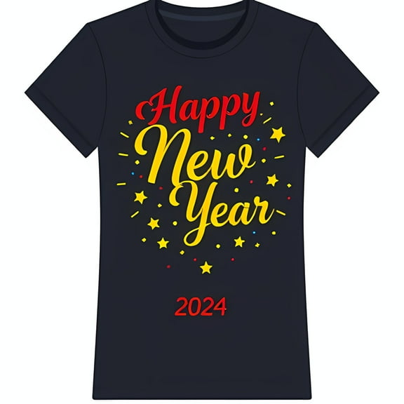 Stylish Black T-Shirt with Festive 'Happy New Year' Design & 2024 in Red